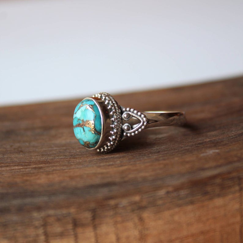 Медное кольцо с бирюзой, Кольцо из стерлингового серебра 925 пробы, Ювелирные изделия ручной работы, Свадебное кольцо в стиле бохо, Мини-кольцо с драгоценными камнями, Новогодний подарок, Подарок на праздничную одежду,