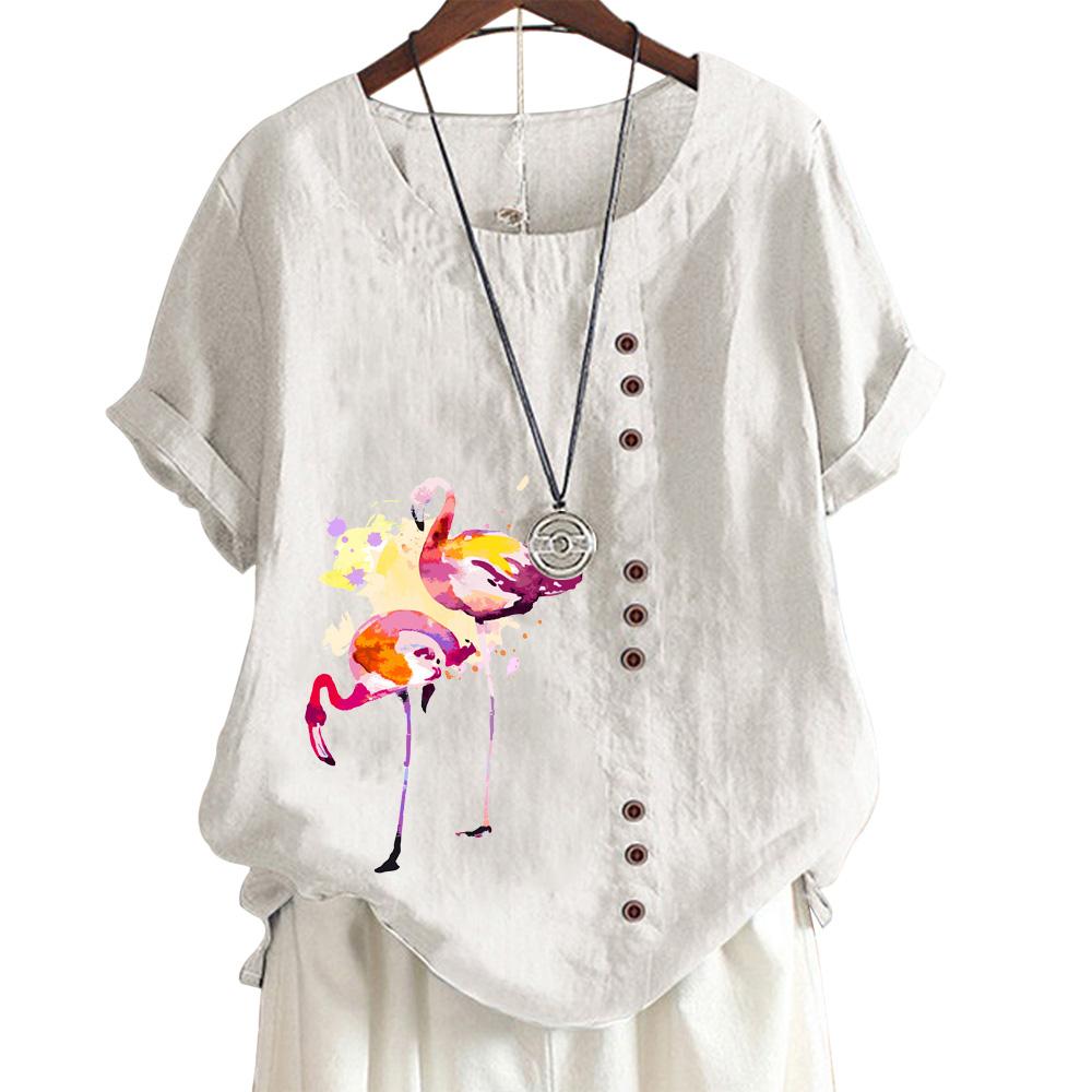 Женский повседневный хлопковый топ с 6 рисунками фламинго, круглым вырезом, короткими рукавами