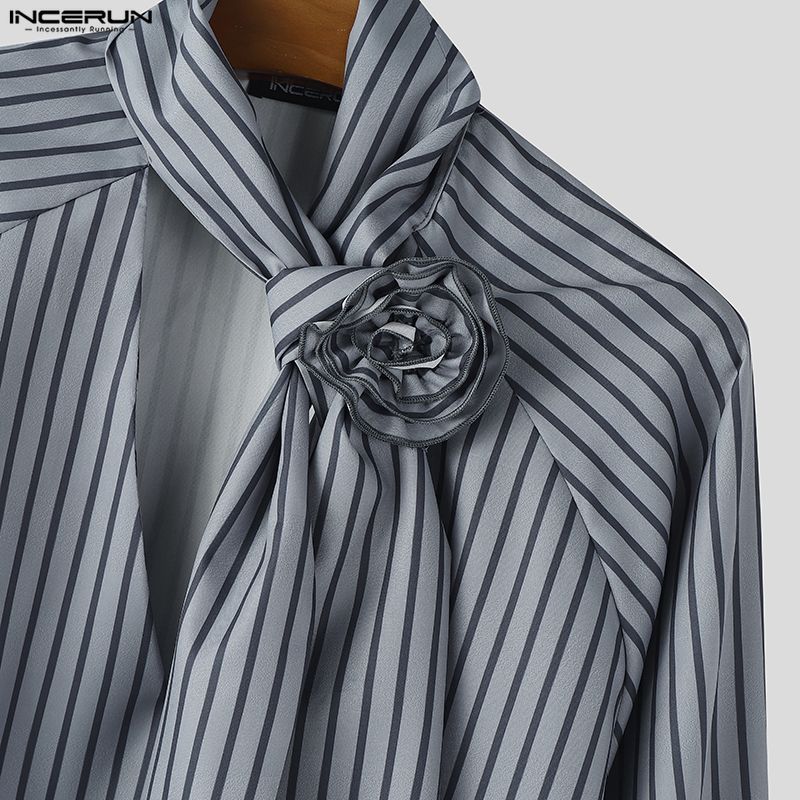 INCERUN Элегантные мужские повседневные рубашки с цветочным принтом, завязкой на шее, длинным рукавом и полосками, топы