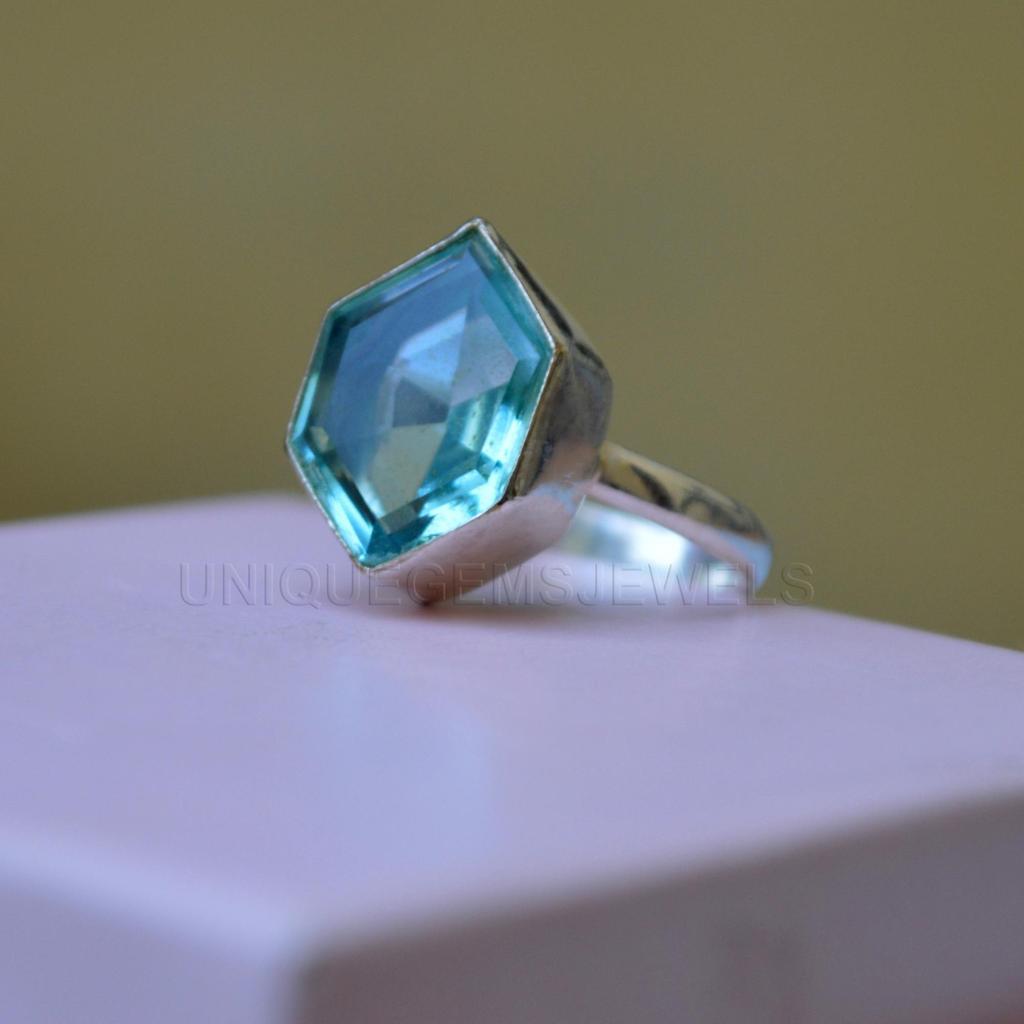 Кольцо из стерлингового серебра 925 пробы с аквамарином шестиугольной формы, ювелирное изделие, светло-аквамариновое эффектное свадебное кольцо в подарок