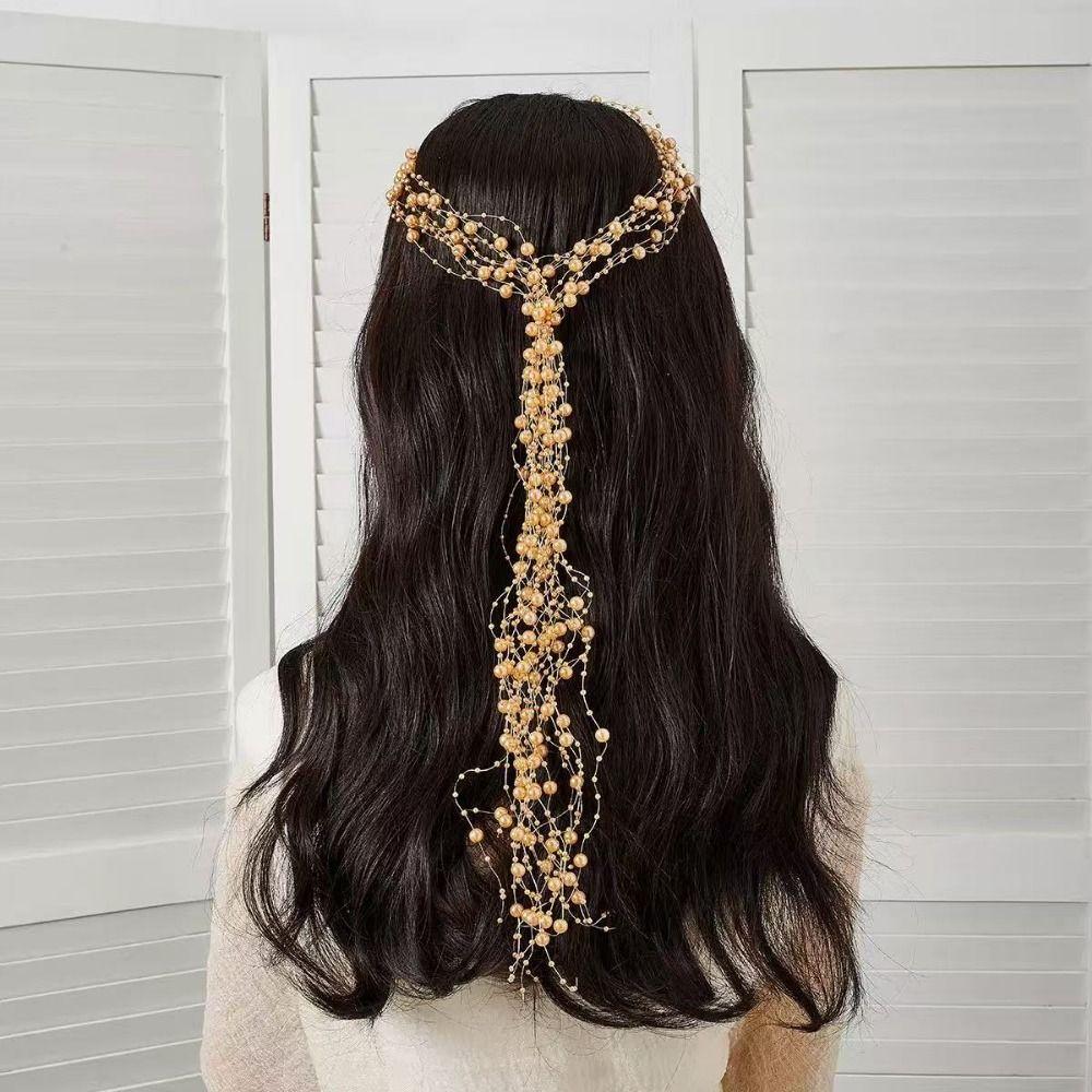 Imitation Pearl Beaded Tassel Wreath Multi-Layer Women Daily Hair Wear Wedding