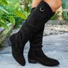 Новые черные ботинки женские черные нюд искусственная замша флок высокие до колена женские на низком каблуке Осень Зима Платье Botas Mujer