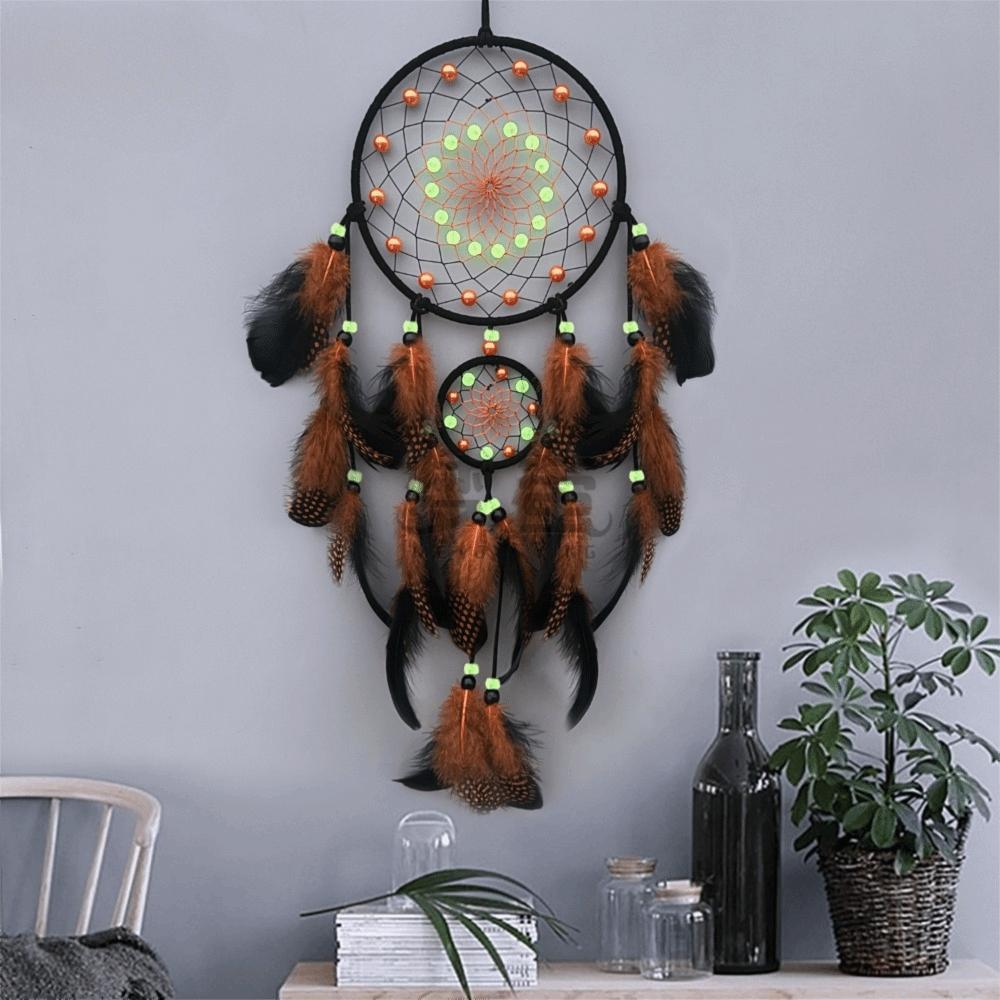 Hand-woven Luminous Bead Dream Catcher Colorful Feather Wall Pendant Feather Wind Chime Gift