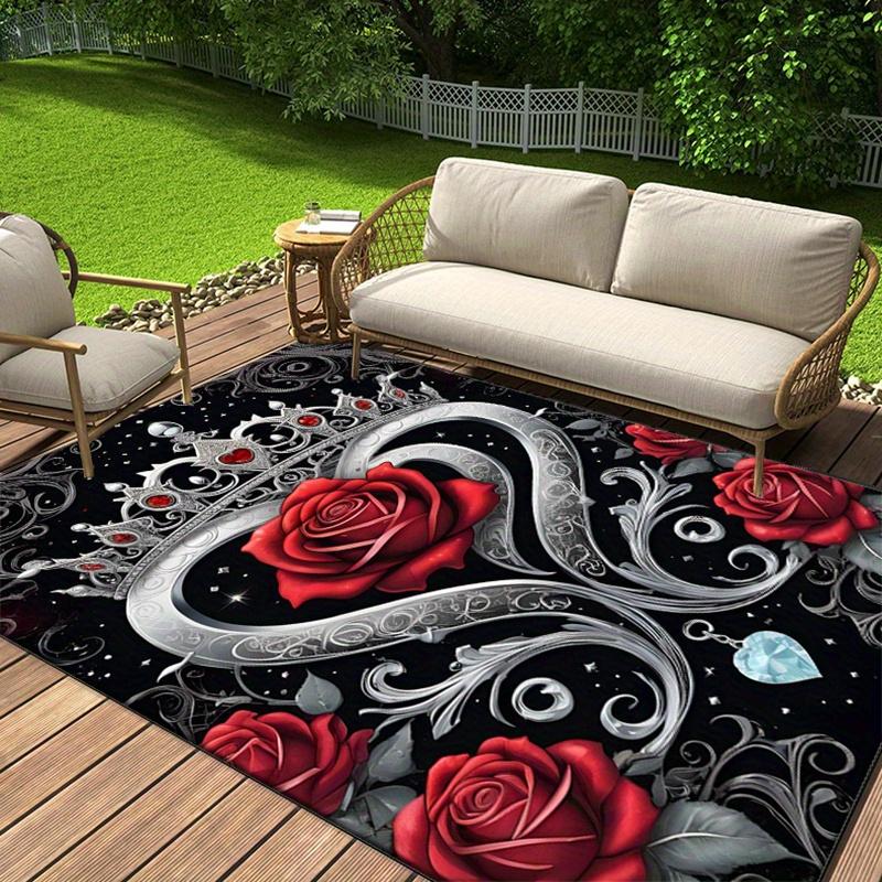 Romantic Roses and Crown Rug: Elegant Black and White Design for Romantic Couples | Luxury Home Decor Skid resistant carpet