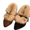 Old money wind retro suede fluffy edge cotton shoes women's winter velvet warm one-word buckle high-heeled cotton shoes
