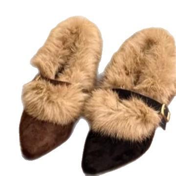 Old money wind retro suede fluffy edge cotton shoes women's winter velvet warm one-word buckle high-heeled cotton shoes