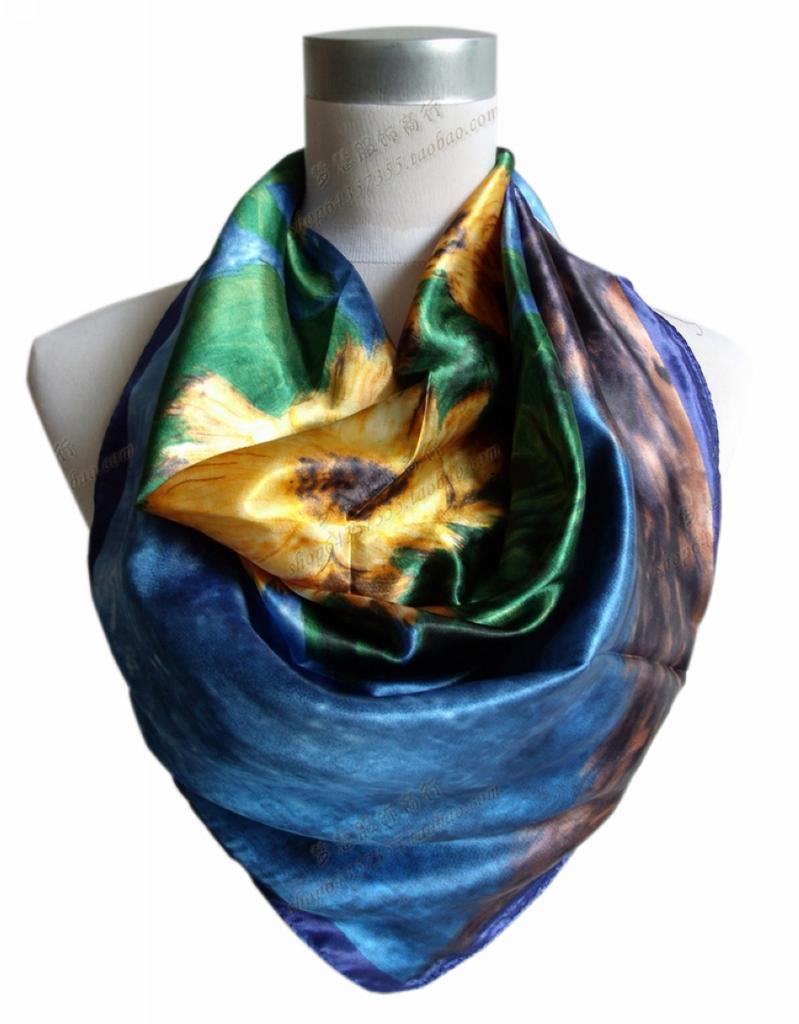 2015 Square Polyester Silk Scarf New Sunflower Pattern 90*90cm Ladies' Satin Sqaure Scarves Printed New Style Women Headscarf
