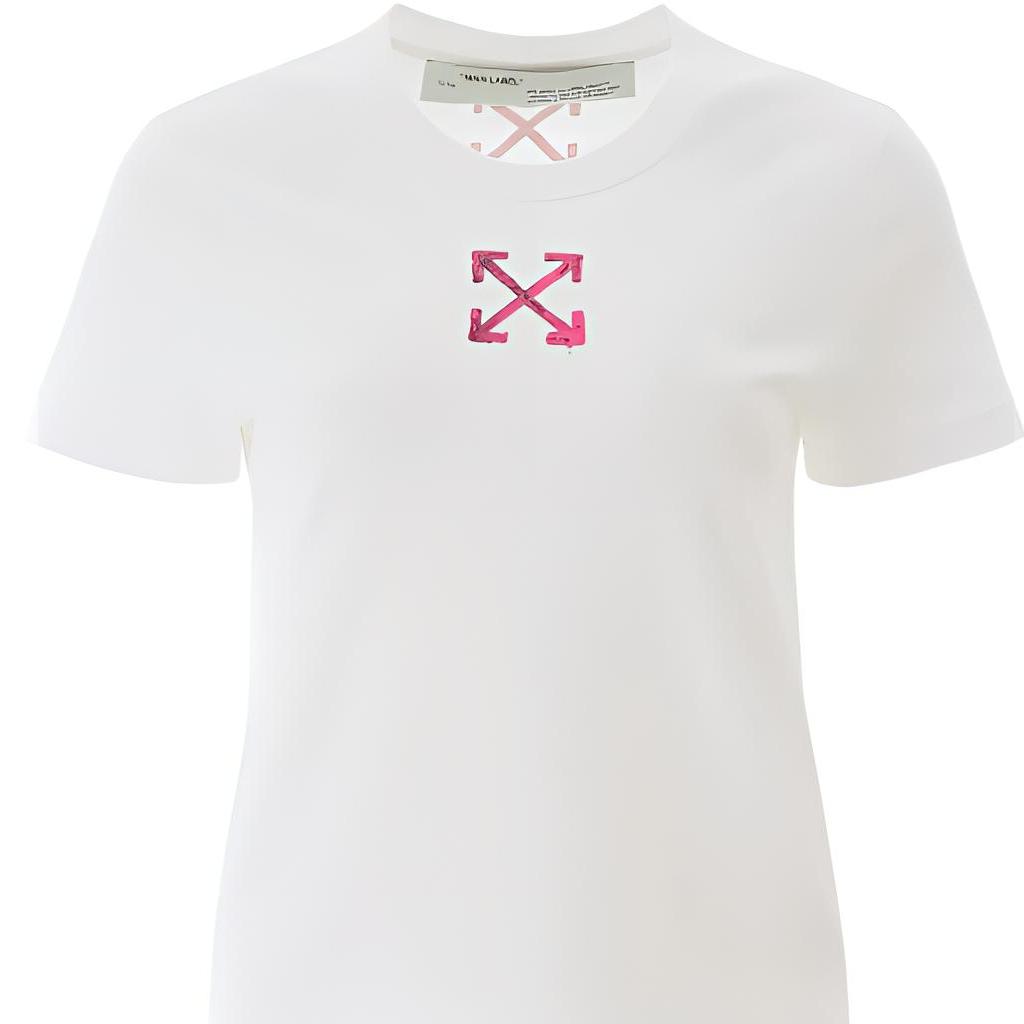 Off-White Хлопковая футболка с принтом логотипа-стрелки, круглым вырезом, коротким рукавом, женские топы, белая OWAA049R20B071000128