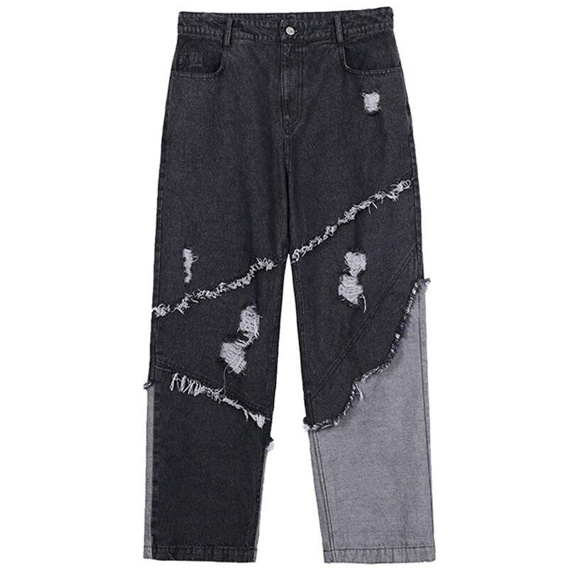 Gothic Men's Jeans Hippie Autumn Winter Black Patchwork Jeans High Waist Aesthetic Grunge Trousers Streetwear