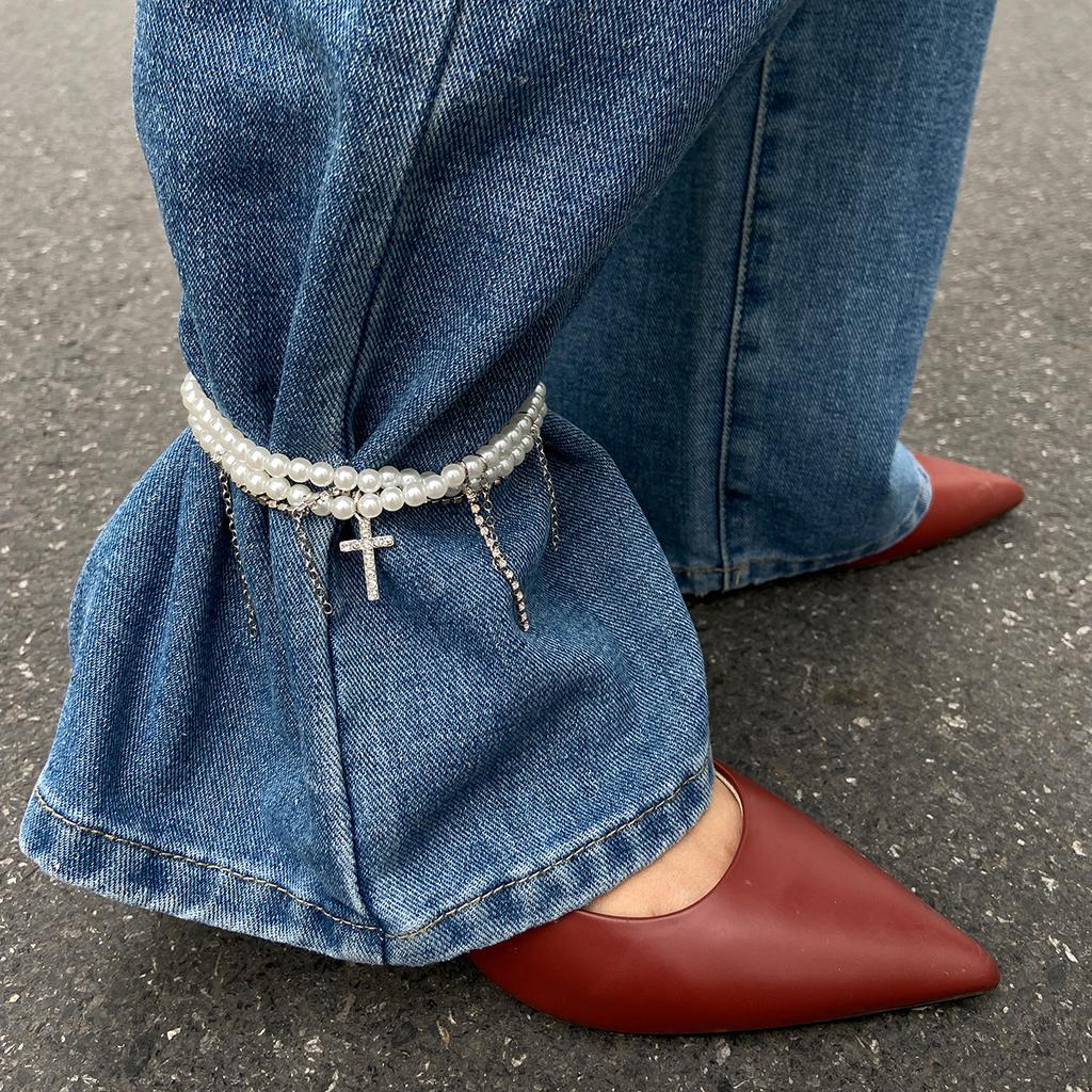 Wind-Set Diamond Cross Pendant Fringed Anklet, Fashionable Imitation Pearl Beaded Jeans Anklet