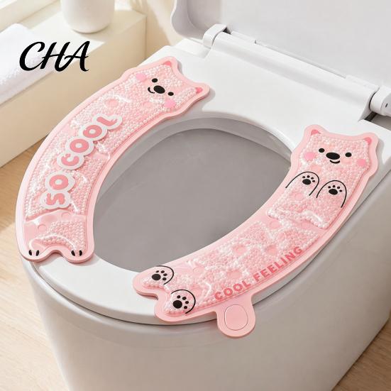 Soft Gel Bathroom Seat Cushion 1 Pair Toilet Cover with Cooling Particles, Cute Cartoon Bear Design, Waterproof Shape Rubber Non-slip Mat, Hook