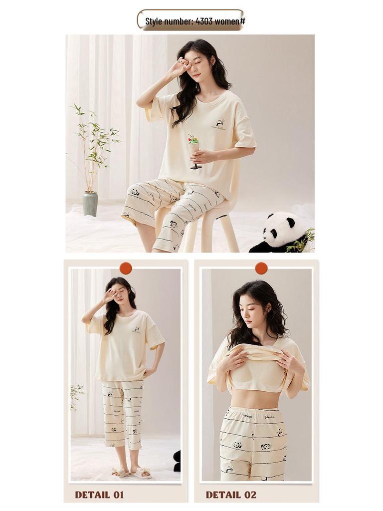 Женский летний капри-пижамный комплект 2025: Тонкий хлопок с коротким рукавом и нагрудными вкладышами, универсальный для ношения дома или на улице
