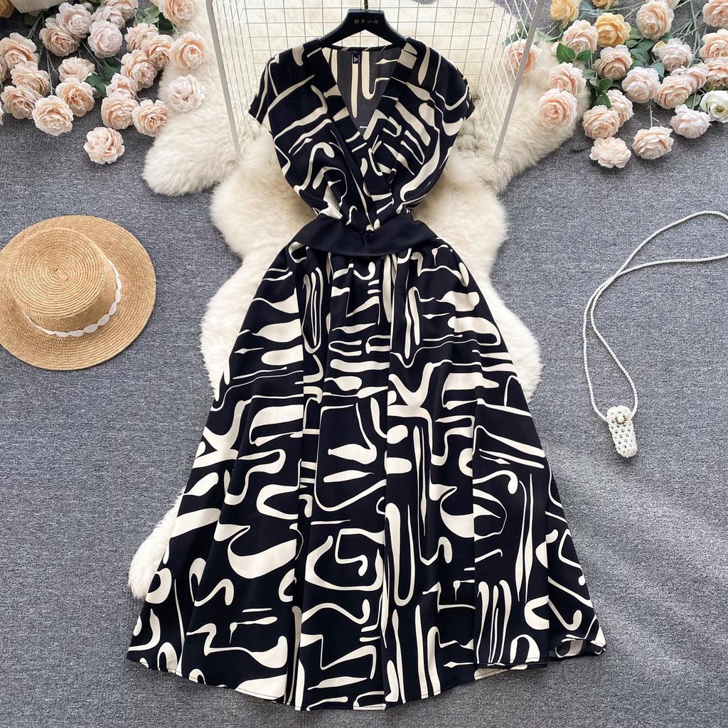 Summer Vintage Women Print Long Dress Elegant V-Neck Sleeveless High Waist A-Line Maxi Vestidos Female New Fashion Robe