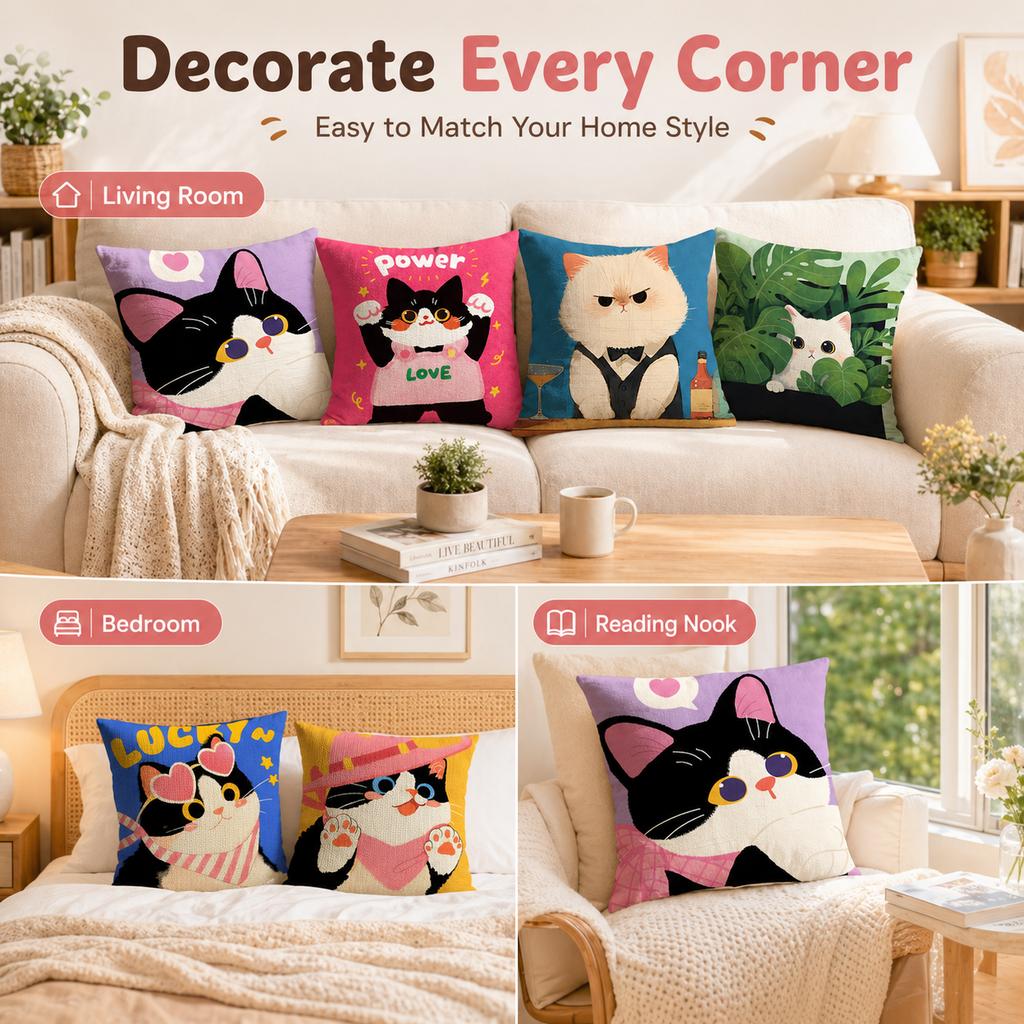Funny Kitty Animal Pillow Covers 2D Flat Printed Soft Peach Skin Square Cushion Case For Couch Car Bed Home Room Decoration