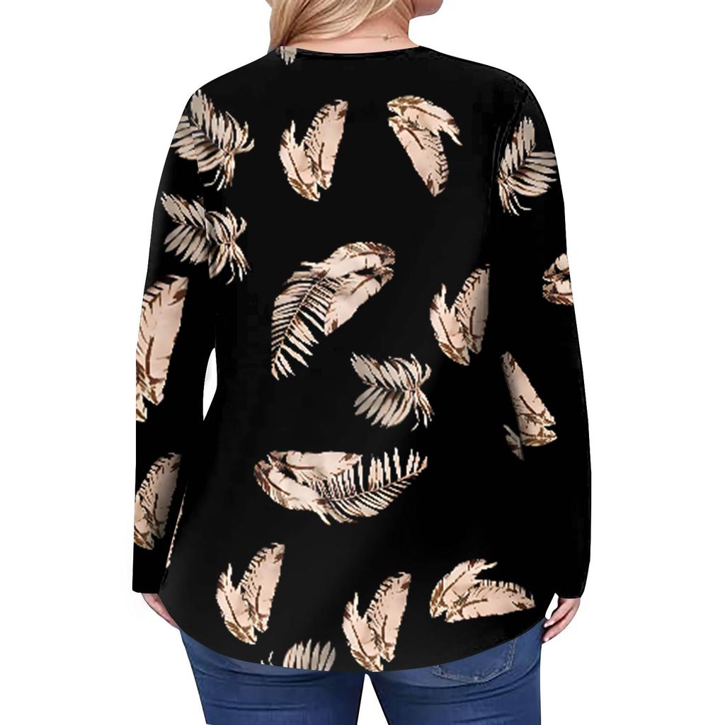 Women's Plus Size Fashion Printed Casual Pleated Round Neck Long Sleeve Top
