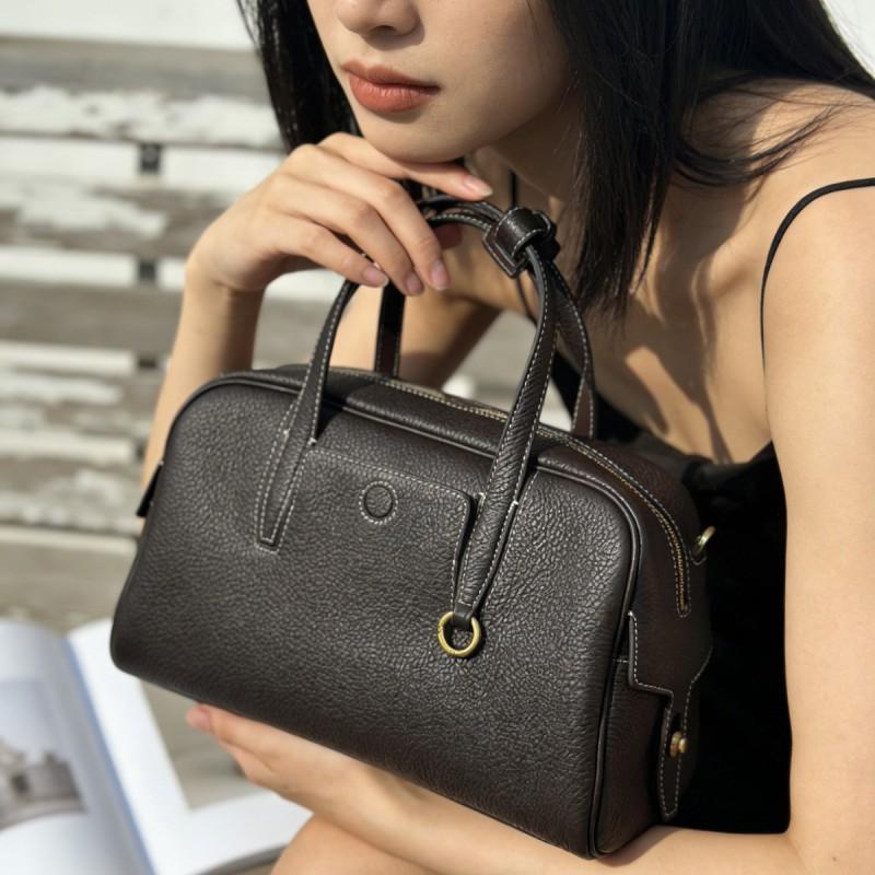 Genuine Leather Bowling Bag Vintage Style Crossbody Tote Women Medium Size Black Gray Dark Brown