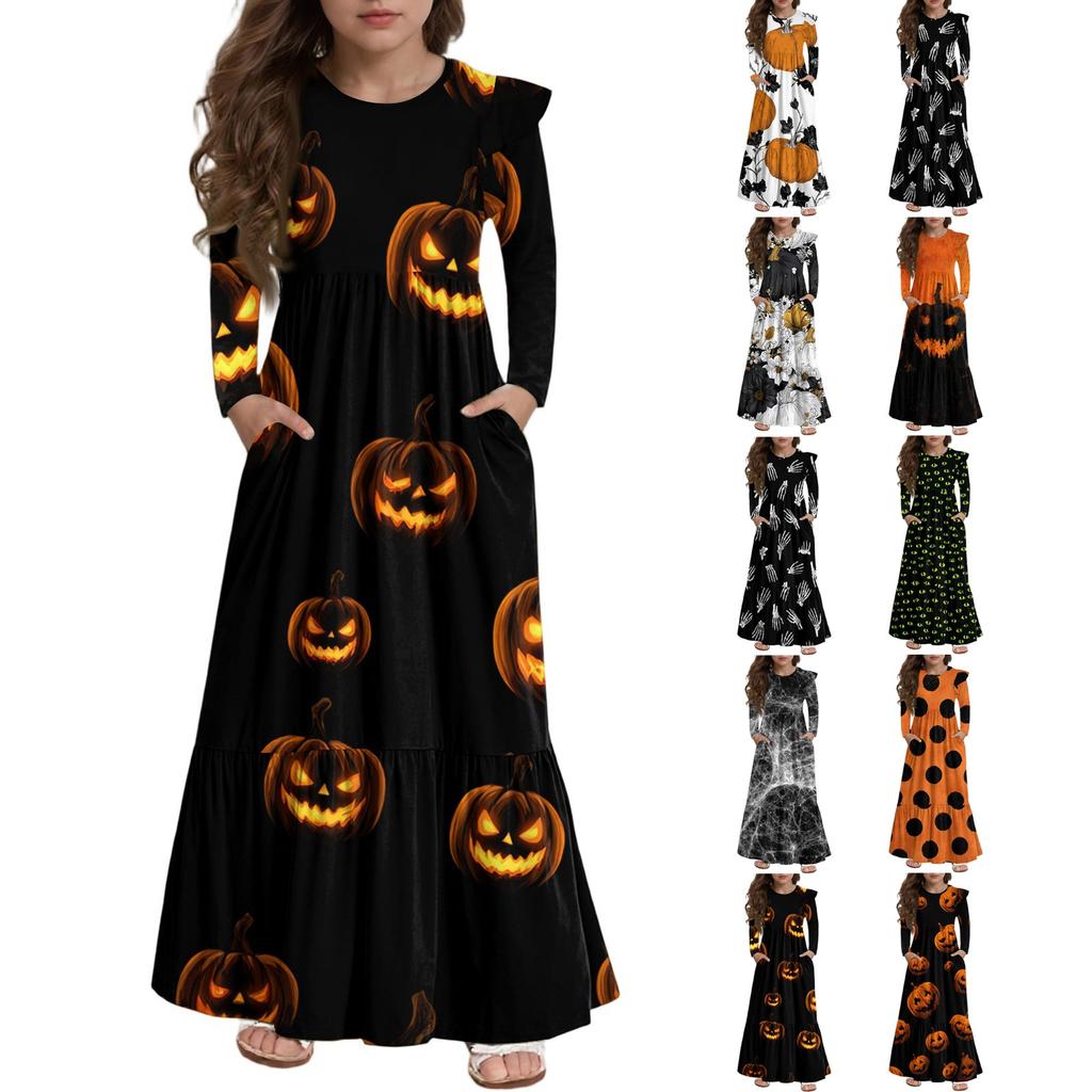 Платье с многоярусными оборками для девочек на Хэллоуин - Макси с длинным рукавом и принтом, с карманами
