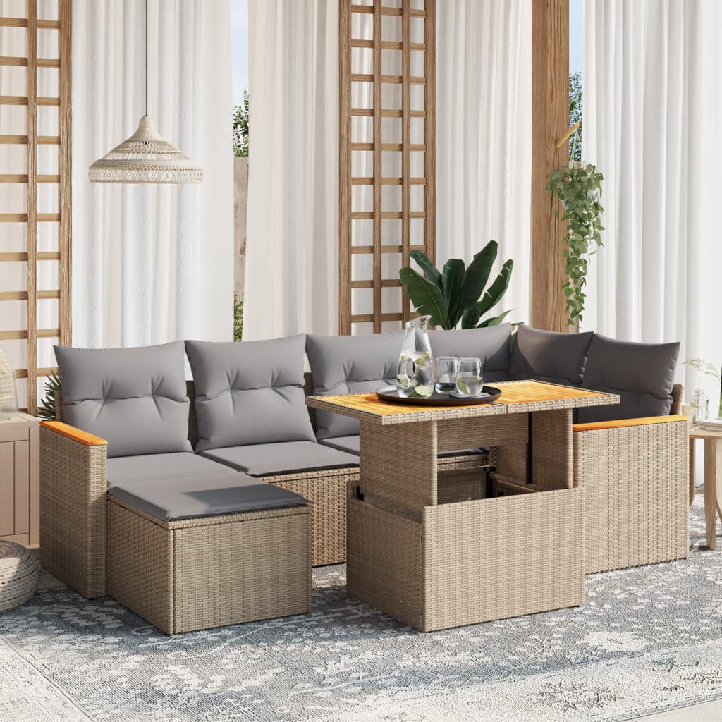 7 Piece Garden Sofa Set with Cushions Beige Poly Rattan