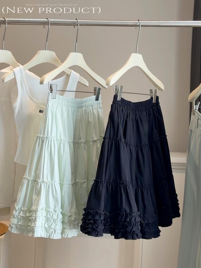 Летняя корейская юбка А-силуэта с оборками и кружевом, с высокой талией