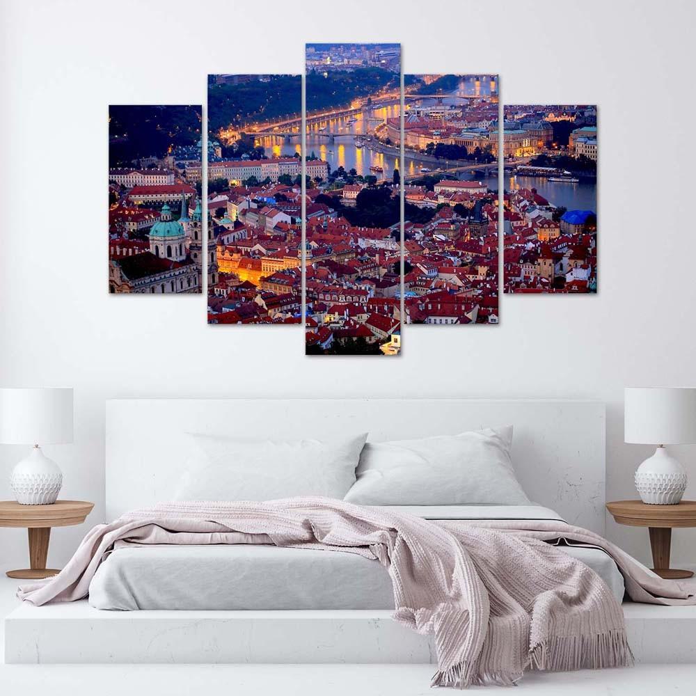 Feeby Feeby Five piece picture canvas print, Prague at dusk