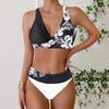 Women's Halter Two Colored Flowers Print Bikini Tankini Swimsuit