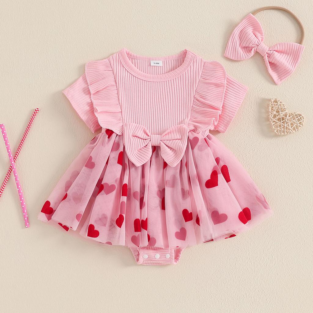 Baby Girl Valentines Day Romper Dress Short Sleeve Heart Print Tulle Skirt Jumpsuit with Bow Headband