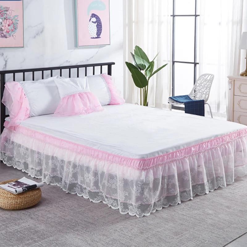 Two Layers Lace Bed Skirt Elastic Wrap Around Bed Cover Without Surface Bed Skirt Couvre Lit Twin/Full/Queen/King Size Bed Decor