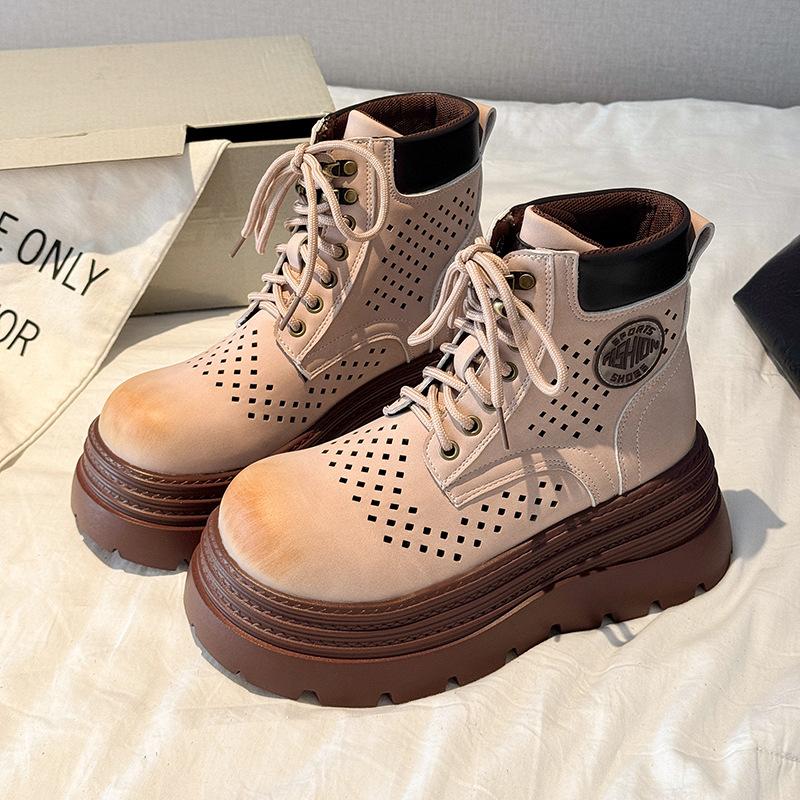 Британский стиль ретро полированные ботинки Мартина женские 2025 новые полые дышащие на толстой подошве горные рабочие ботинки цвета ревеня