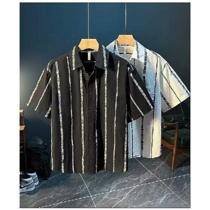 Весна-лето Мужская полосатая рубашка с отложным воротником и коротким рукавом, дышащая, для деловых поездок