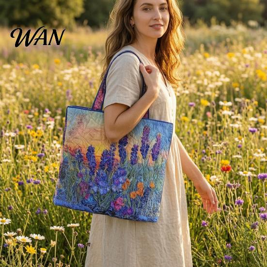 Women Commuter Tote Quilted Bag Retro Print Fabric Vintage Lightweight Large Capacity Foldable Handbag for Daily Use Travel Grocery Shopping