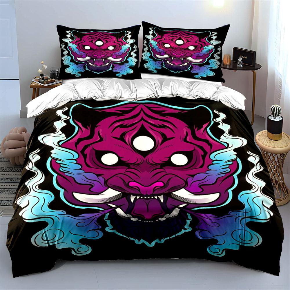 Gradient Purple Tiger Head Smoke Cloud Duvet Cover Set, Black Base Neo Traditional Bedding Includes 1 Duvet Cover 2 Pillowcase