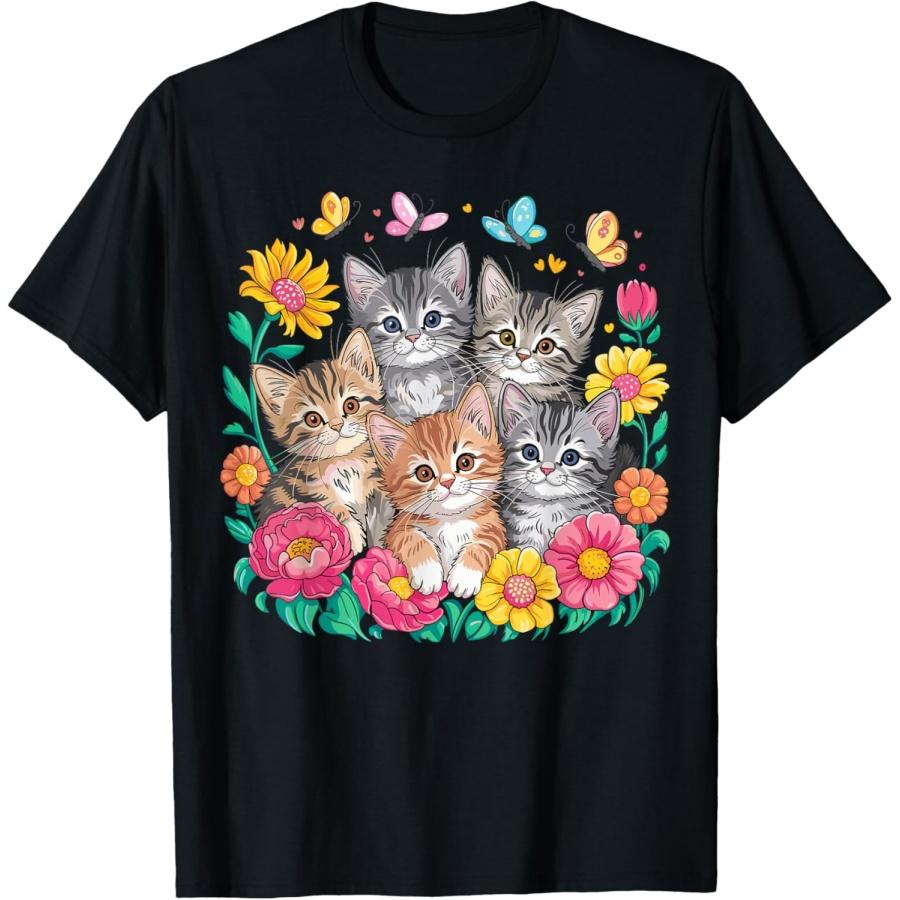 Кошка Цветные Котята Цветочная Кошка Футболка(1)