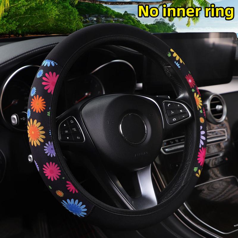 Cherry blossom chrysanthemum check spider web diving fabric printed car without inner ring steering wheel cover 38CM women's