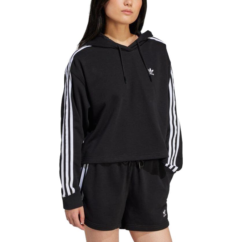 Adidas Originals Adicolor Series Hooded Striped Fitted Cropped Long Sleeve Sweatshirt Women Sweatshirt Black IU2424