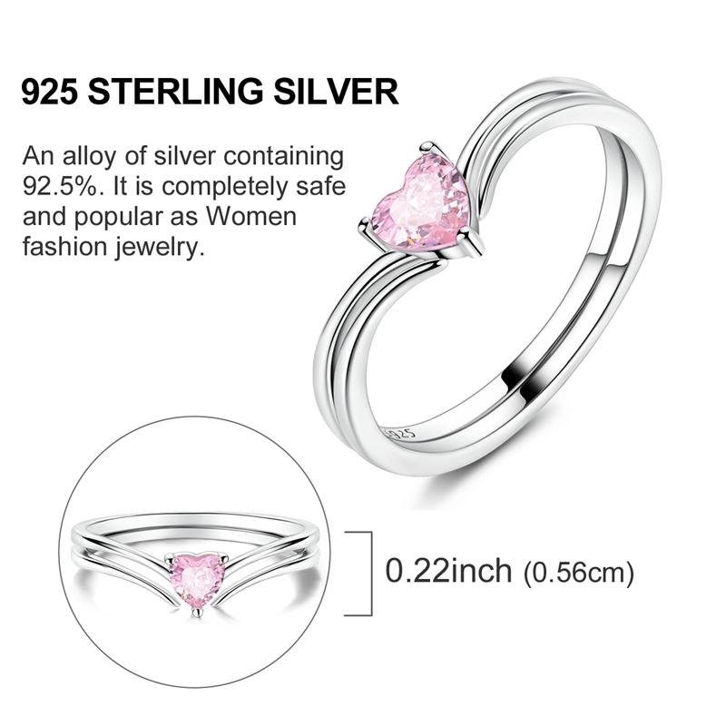 Original Women Silver Rings Sparking Pink Heart Zirconium Ring for Women Girls Engagement Jewelry Anniversary Gift