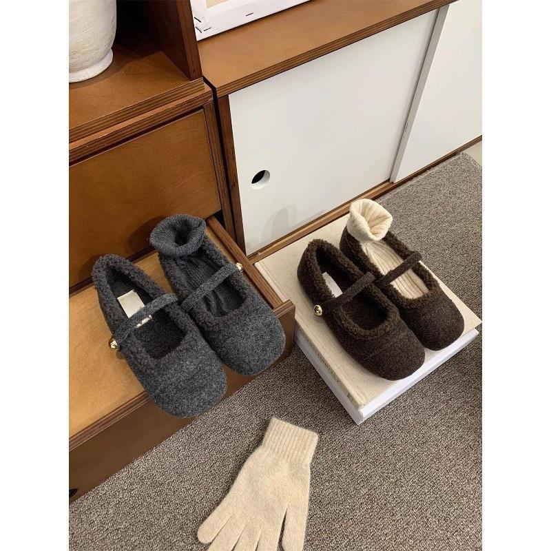 Gray Mary Jane Mao Mao shoes for winter wear Korean version of gentle ballet fairy style soft flat-bottomed velvet cotton shoes