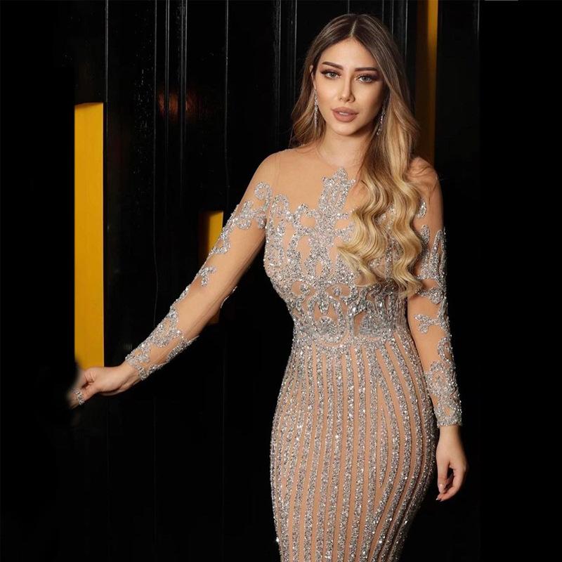 New Women'S Clothing Sexy Hip Wrap Bronzing Long-Sleeved Dance Dress Dress Long Dress