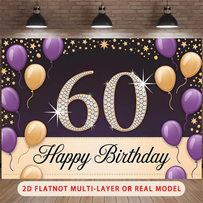 Happy 60th Birthday, 1pc Polyester Party Backdrop Banner, Photo Booth Background, Wall Decor