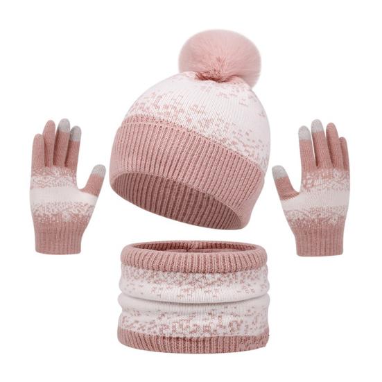 3Pcs/Set Winter Hat Scarf Gloves Set Plush Ball Decor Hat Thickened Plush Lining Neck Gaiter Touch Screen Gloves Set