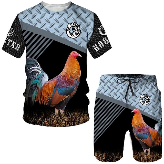 Спортивный комплект, мужская одежда, летняя одежда ROOSTER RANCH GRASS с 3D принтом, повседневный мужской костюм из двух предметов, короткие наряды, футболка + шорты мужские
