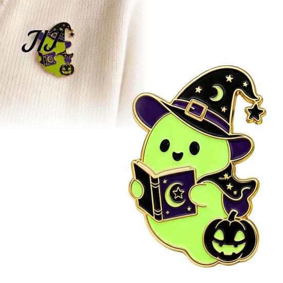 Halloween Theme Pin Witch Hat Ghost Enamel Brooch, Glow-in-the-Dark Cartoon Pin, Holiday Badge for Sweaters Jackets Scarves Decoration