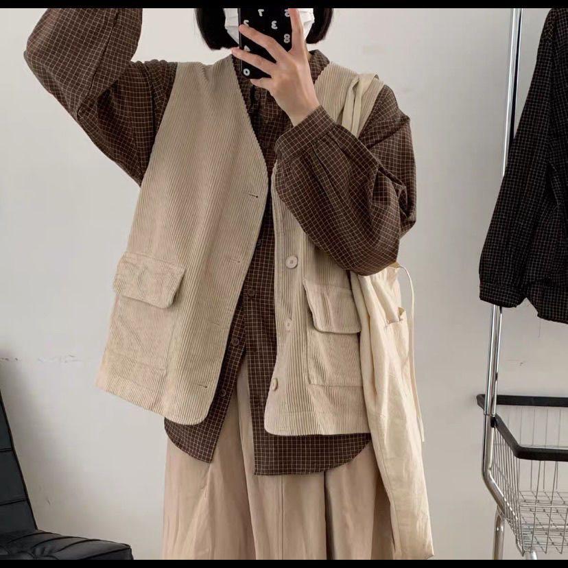 Women's Retro Japanese Corduroy Workwear Vest with Pockets