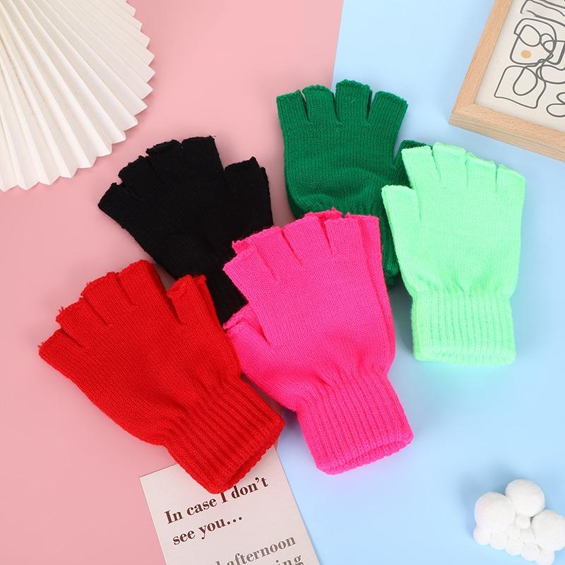 Students Winter Finger Knitted Gloves Outdoor Cycling Games Half Finger Gloves Color Matching Warm Wool Gloves