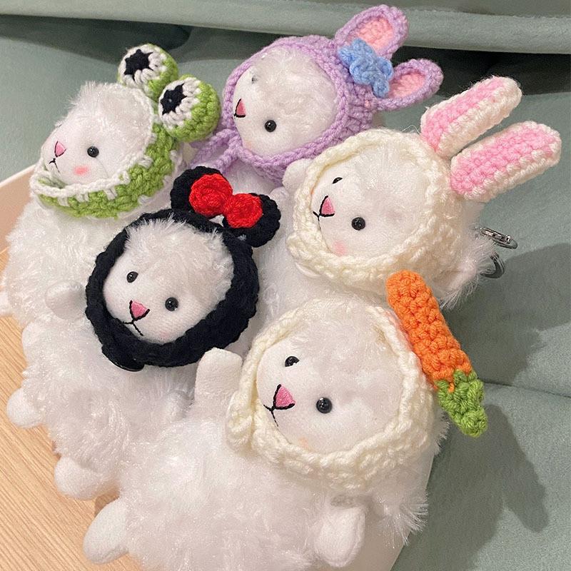 Charming Original Crochet Plush Sheep Keychain With Colorful Bow And Frog Eyes