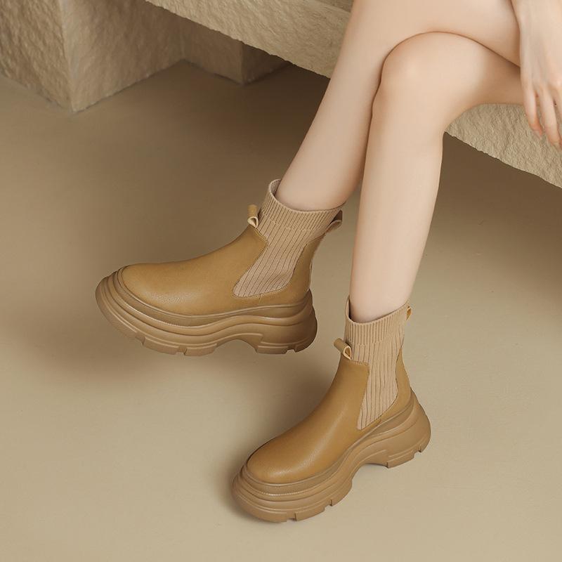 Короткие сапоги на платформе женские осень-зима 2024 новые британские ветровки шерстяные сапоги маффин-ботфорты маленькие эластичные сапоги