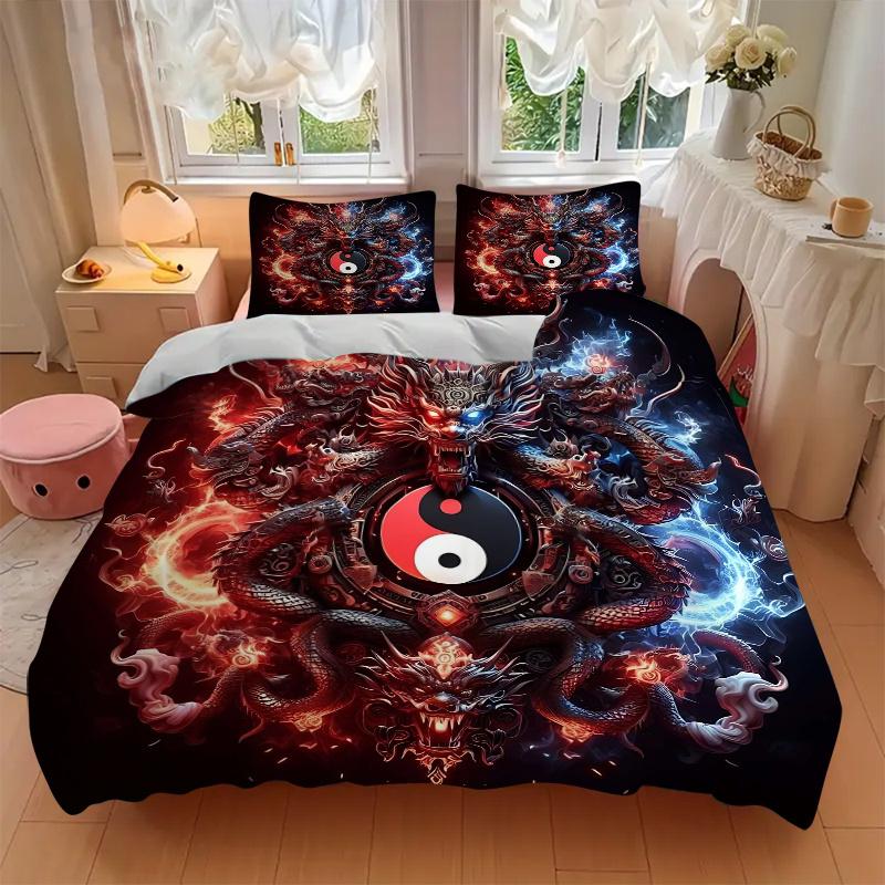 3pcs Fire and Ice Yin Yang Dragons Bedding Set - Includes Quilt Cover and Pillowcases, Suitable for All Seasons, Machine Washable - Ideal Gift fo