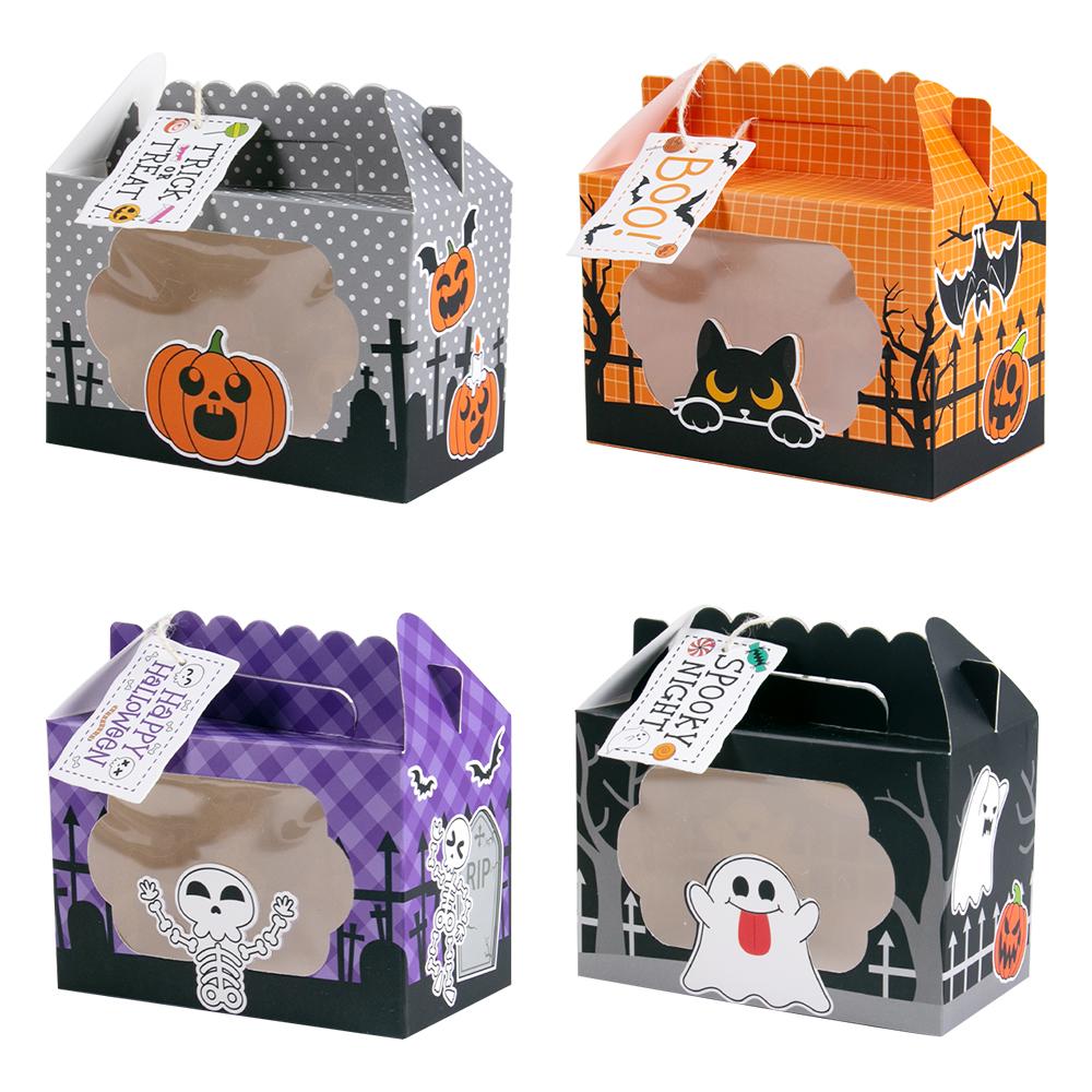 4pcs Halloween Kraft Paper Treat Boxes with Clear Window gift tags Halloween Party Bakery Candy Box Trick or Treat Kids Gift box