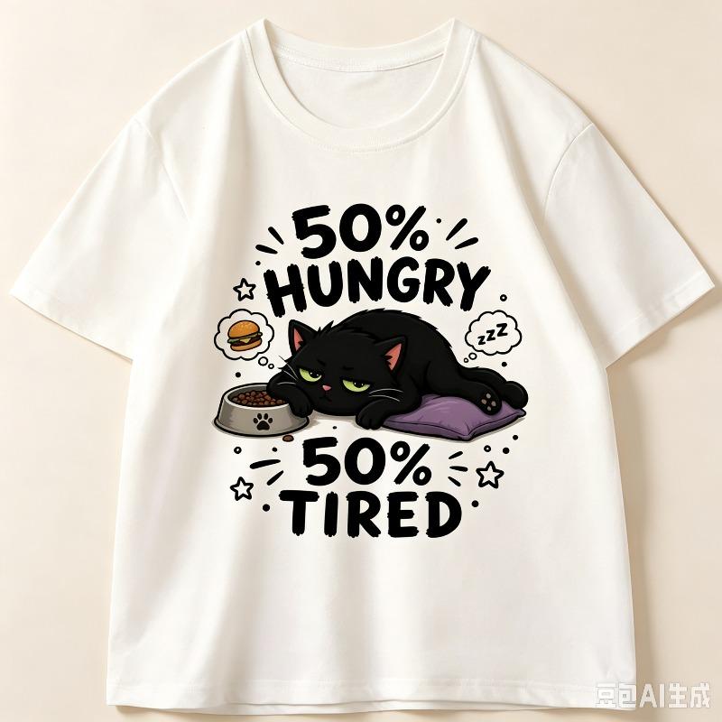 Casual Short Sleeve Tshirt 50 Hungry 50 Tired Lazy Black Cat Graphic Unisex Summer Soft Loose Funny Pet Lover Basic Tee