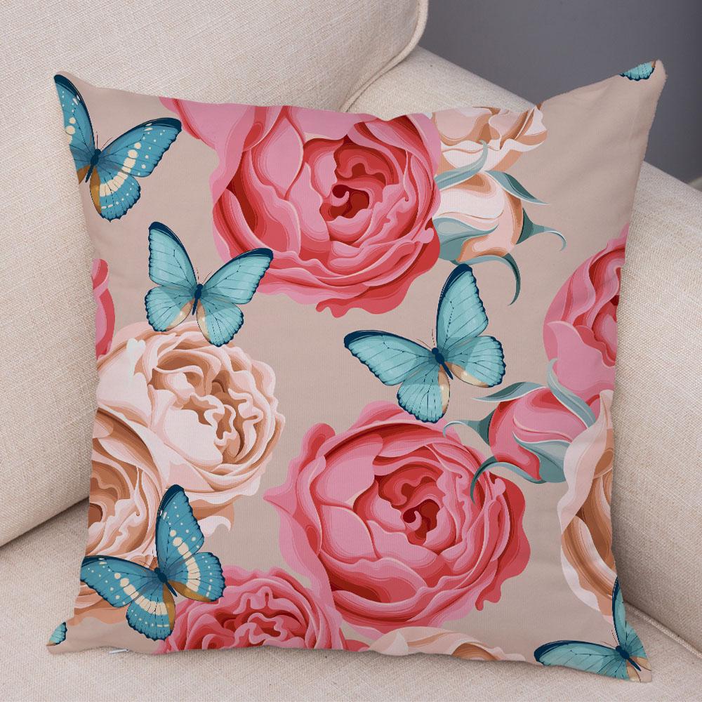 Rose Red Flower Pillowcase Decorative Bird Flower Plant Pillowcase Cushion Sofa Home Car
