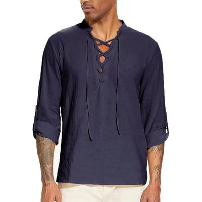 Мужская пиратская рубашка, средневековые рубашки викингов с воротником хенли, рубашки из хлопка и льна с завязками, с V-образным вырезом, топы для пляжа, весна-лето